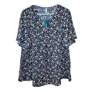 NEW Anyally Blouse Navy Women Plus Size 2XL Floral Top Short Sleeve Lightweight